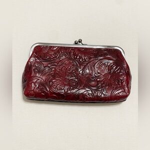 Patricia Nash Potenaz Dark Red Tooled Leather Floral Clutch Evening Bag